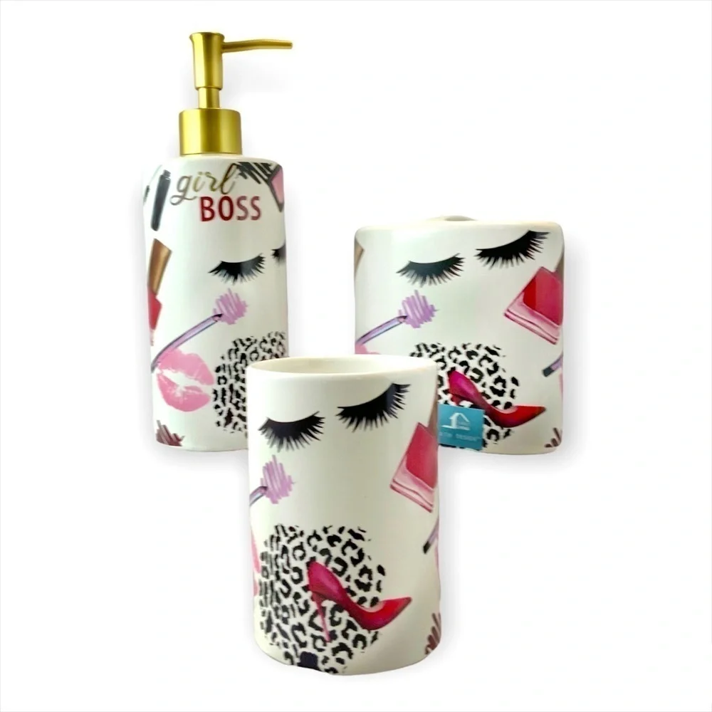 Fashion Girl Boss Toothbrush Holder Ceramic Bath Accessory Makeup Animal Print